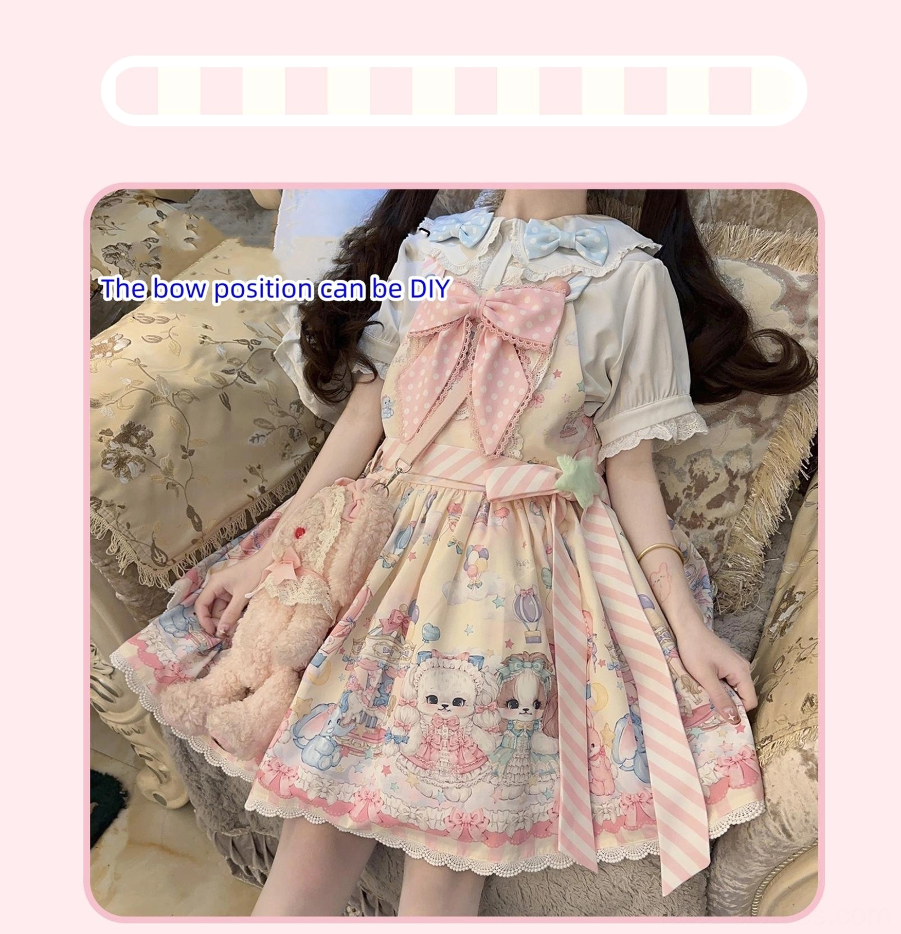 Mint green puppy themed sweet Lolita salopette dress product photography showing charming design and pastel color aesthetic