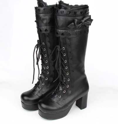 Pure black sweet lolita mid-calf thick heel boots front view showcasing gothic-inspired design with heart cutouts and lace trims