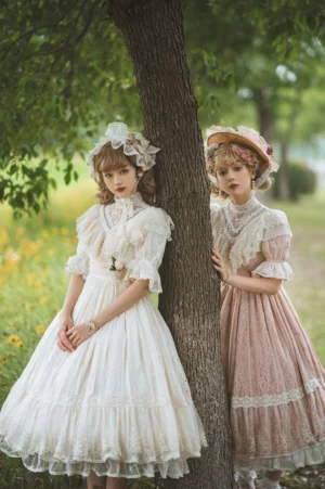 pure-color-lolita-op-dress-elegant-ruffled-collar-puff-sleeves-outdoor-garden-setting-pink-ivory-white-black-lace-one-piece
