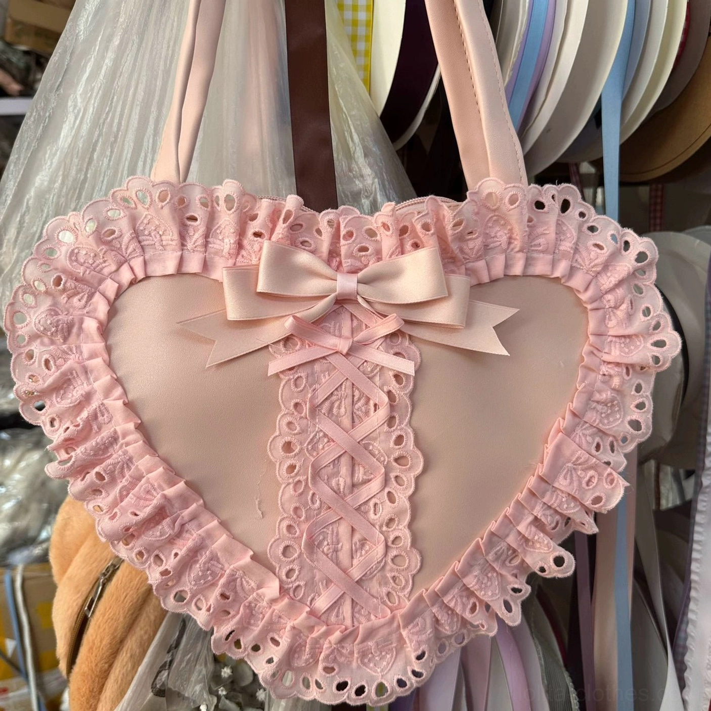 pure pink heart-shaped lace lolita handbag sweet aesthetic pastel color variant display photography