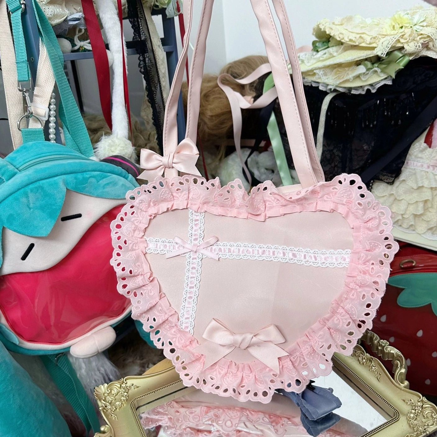 pure pink heart-shaped lolita shoulder bag single color variant full view with ruffled lace border