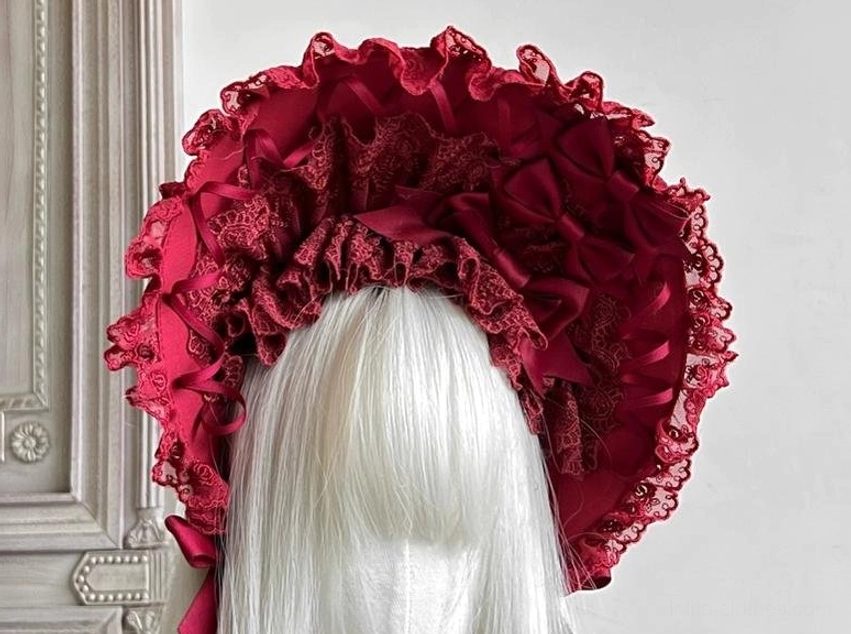 Pure white gothic lolita lace bonnet with ethereal ruffled brim, white satin ribbon bows and trim details, elegant headpiece