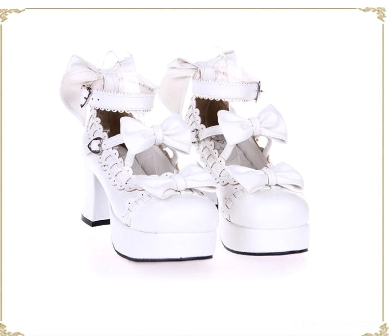 Pure white handmade lolita platform shoes multiple bow accents ruffled lace trim thick platform heel ankle strap golden frame