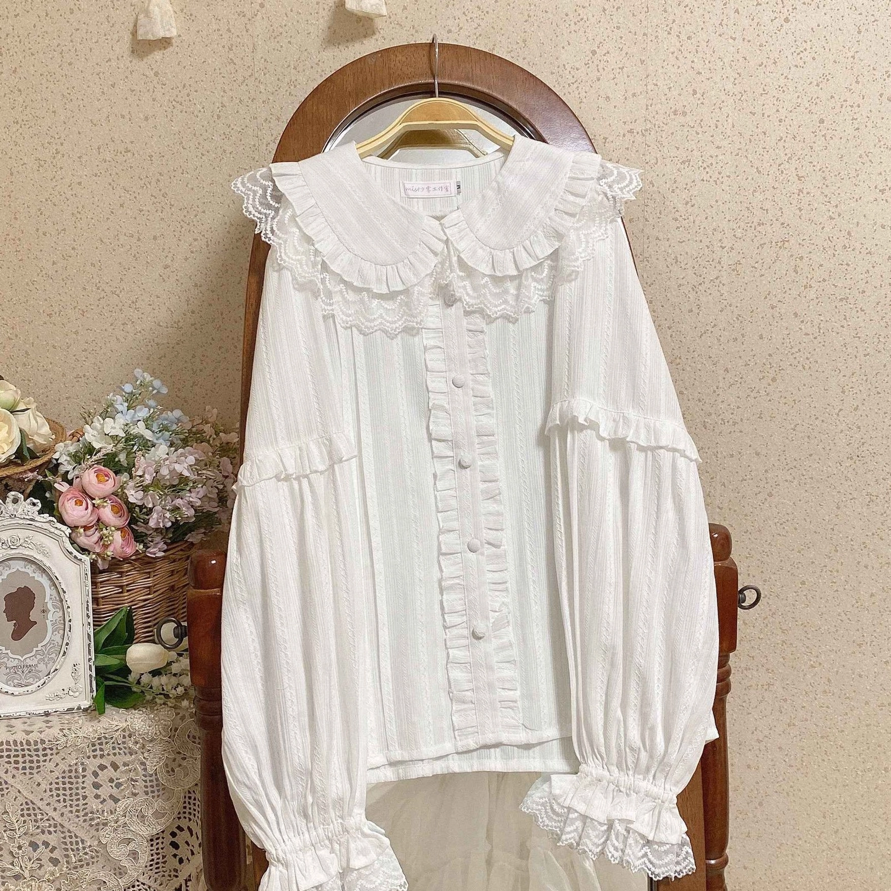 Pure White Kawaii Lolita Long-Sleeve Blouse Double Ruffled Doll Collar Front Display with Flowers