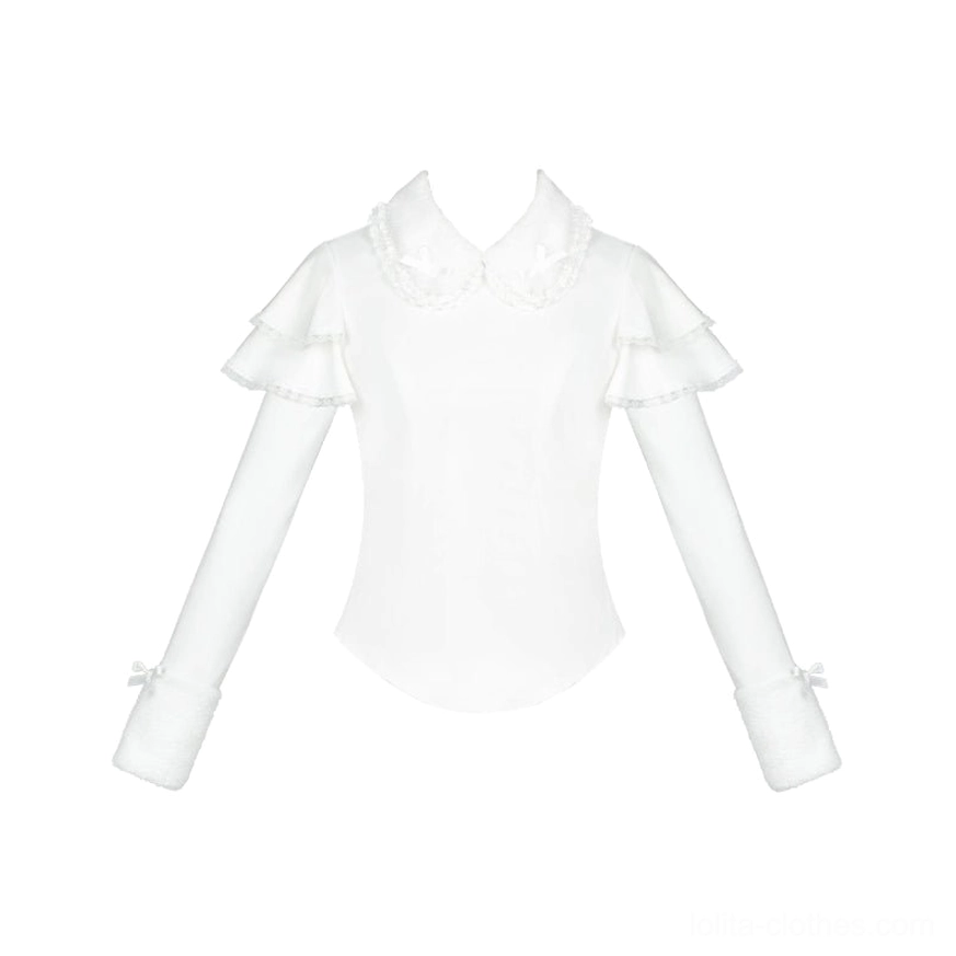 Flat lay front view of pure white lolita long-sleeve knit inner blouse with lace Peter Pan collar, ruffled flutter sleeves, fitted waist, tiny bow decoration on cuff ends