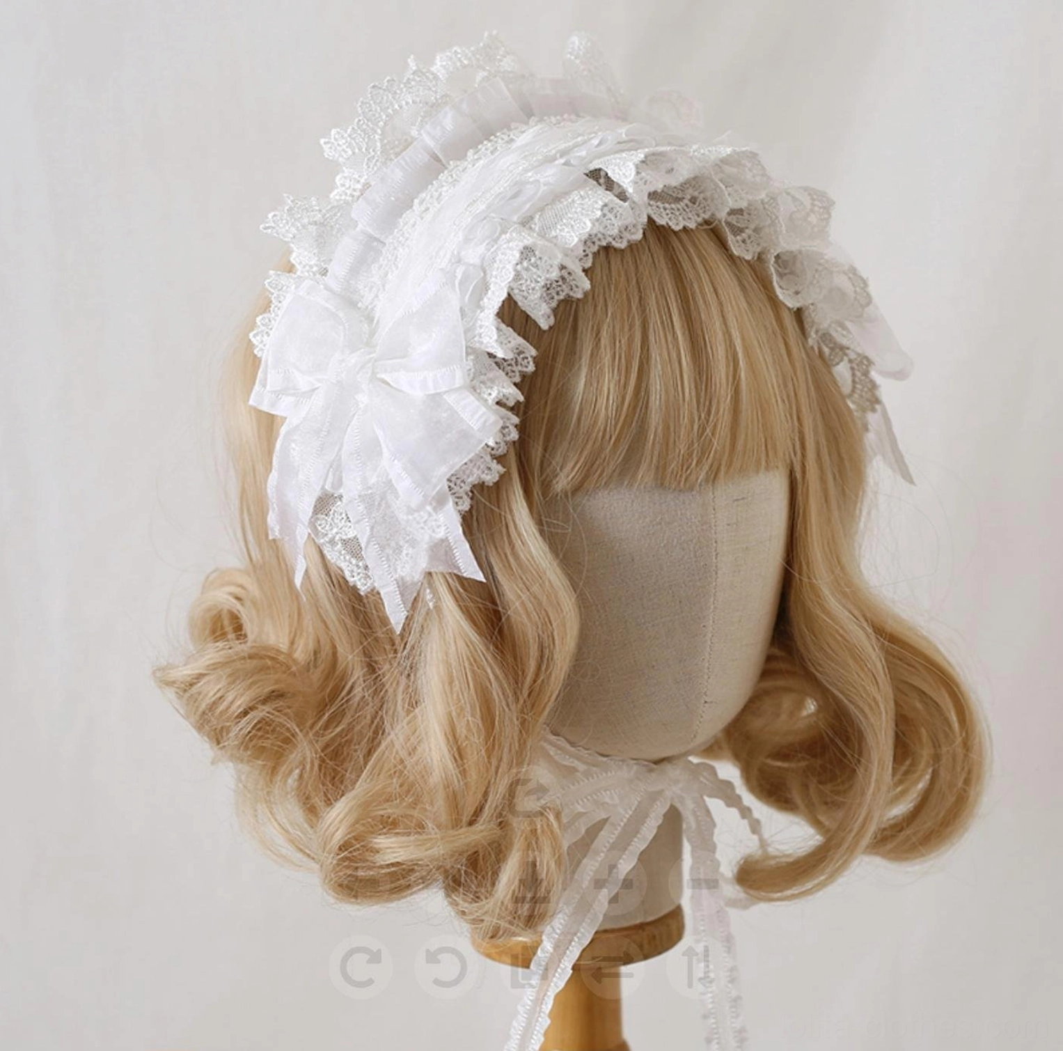 Pure white elegant lolita lace hair clip headband with multi-layer ruffled lace design, large side bow decoration and transparent matching neck ribbon