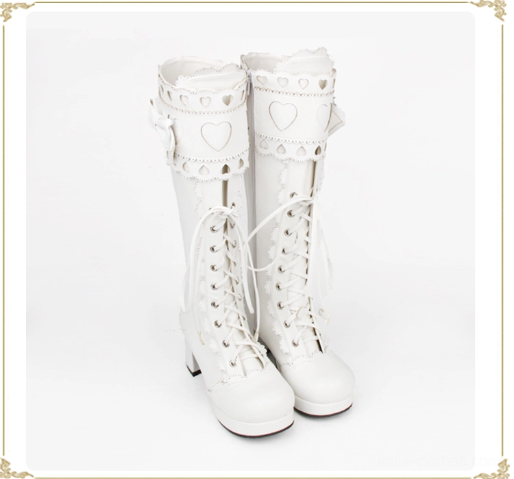 Pure white lolita mid-calf thick heel boots with heart cutouts and lace trim front display showcasing elegant romantic design aesthetic