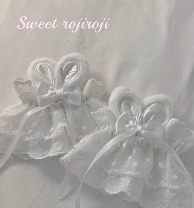 Pure white rabbit ear lace wrist cuffs bunny ears design sweet lolita accessory single pair display