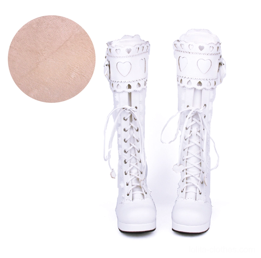 Pure white sweet lolita mid-calf thick heel boots detailed front view with heart patches bow embellishments and delicate lace trim