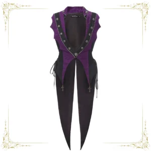 Purple and black Gothic Ouji lolita tailcoat vest with bat-wing lapels, cross charms, and adjustable side lace-up waist - front flat lay view
