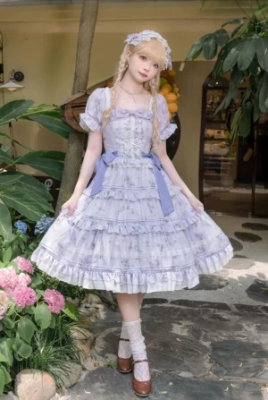 Purple blossom romance classic lolita OP dress with chiffon floral print worn by blonde model in outdoor garden setting with hydrangea flowers full body front view