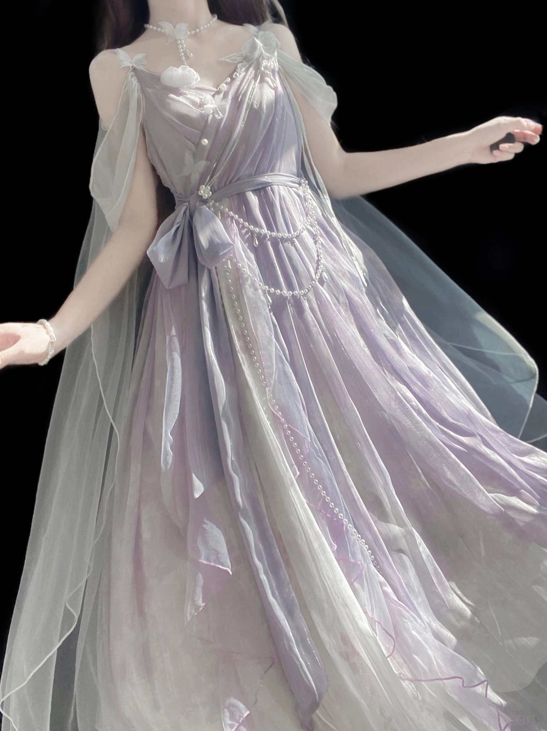 Purple gradient chiffon Lolita JSK side dynamic view with grey-blue sheer cape overlay and pleated skirt