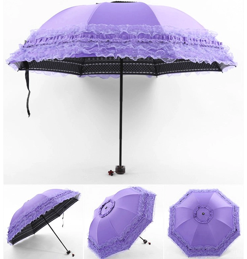 Purple dandelion printed foldable sun parasol shown in flat lay with fashion magazine, displaying both open and folded states with scalloped lace edge trim
