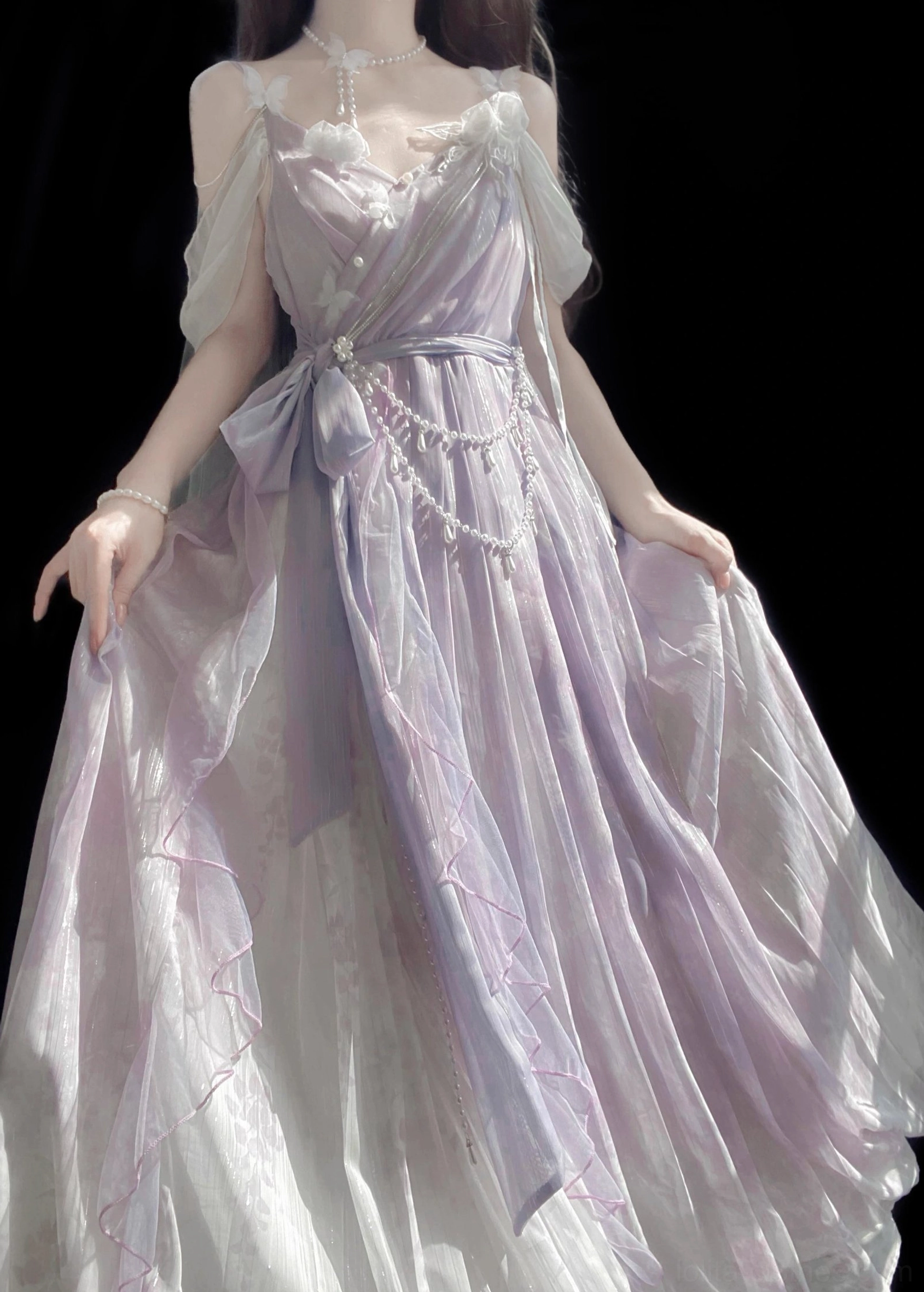 Purple floor-length Han Lolita JSK front low-angle shot with delicate V-neck trim satin waist bow ruffled hem