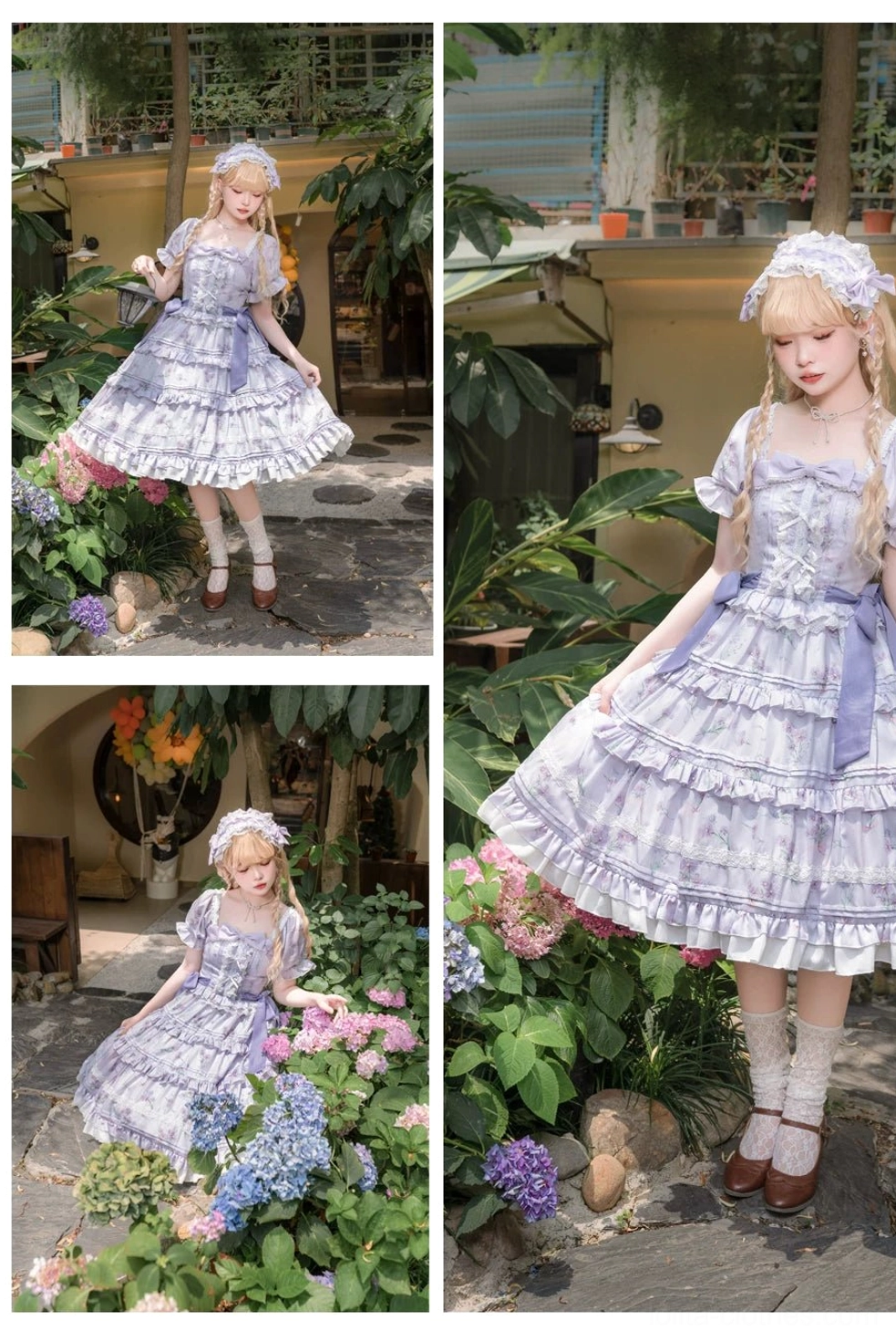 Purple floral lolita OP dress multiple poses different angles blonde model with headpiece showing silhouette outdoor courtyard flower garden background consistent floral pattern