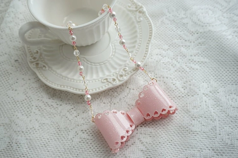 Purple glitter resin scalloped bow sweet lolita necklace with matching beaded chain elegant luxury finish