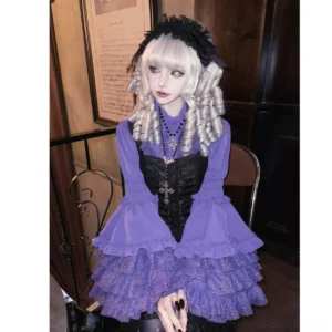 Purple Gothic Lolita trumpet sleeve blouse featuring layered ruffled lace hem and sleeves, paired with black corset and ruffled skirt, complete Gothic Lolita coordinate styling