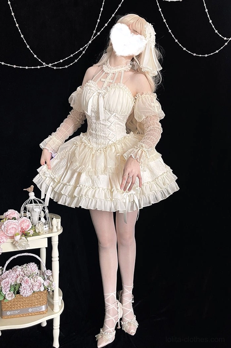 Purple-toned Gothic Lolita hair veil headbow with cross embroidery ruffled lace hem accessory