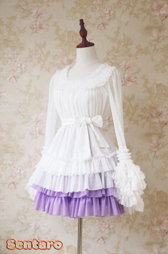 Purple gradient Lolita dress with white long-sleeve blouse, tiered layered hem, ruffled flared cuffs and decorative waist bow