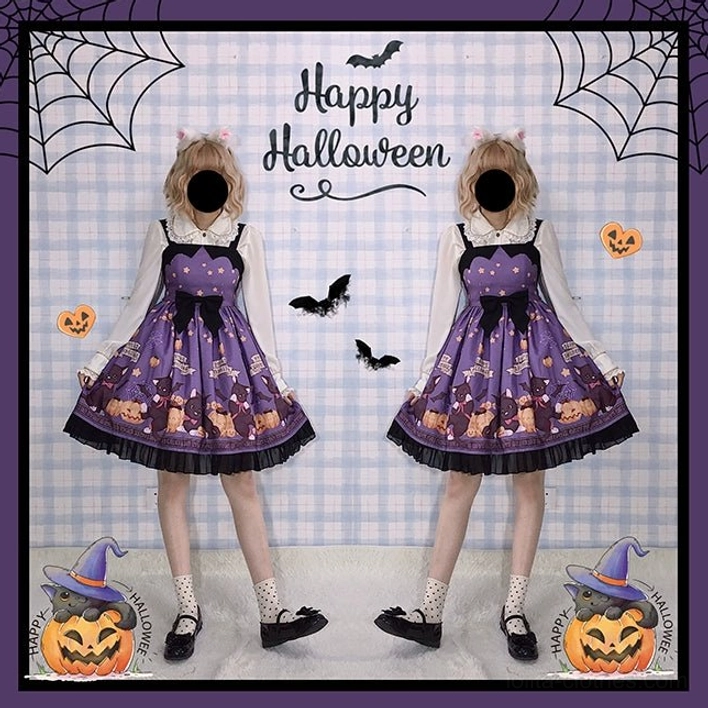 Purple Halloween themed lolita jumper skirt full body side view on two mannequins with different wig styles featuring vampire cat and pumpkin printed patterns lace skirt hem matched with cat ear hairbands