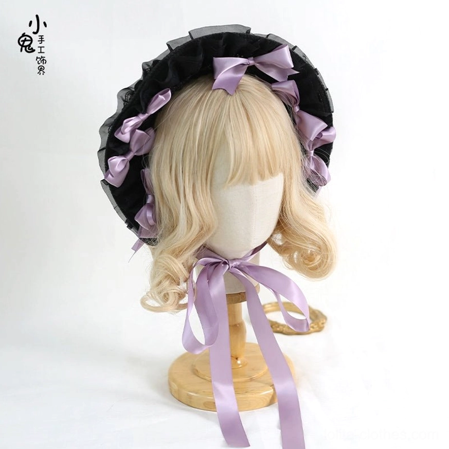 Purple lolita bonnet hat with black ruffled lace detachable purple satin bows classic headdress styling