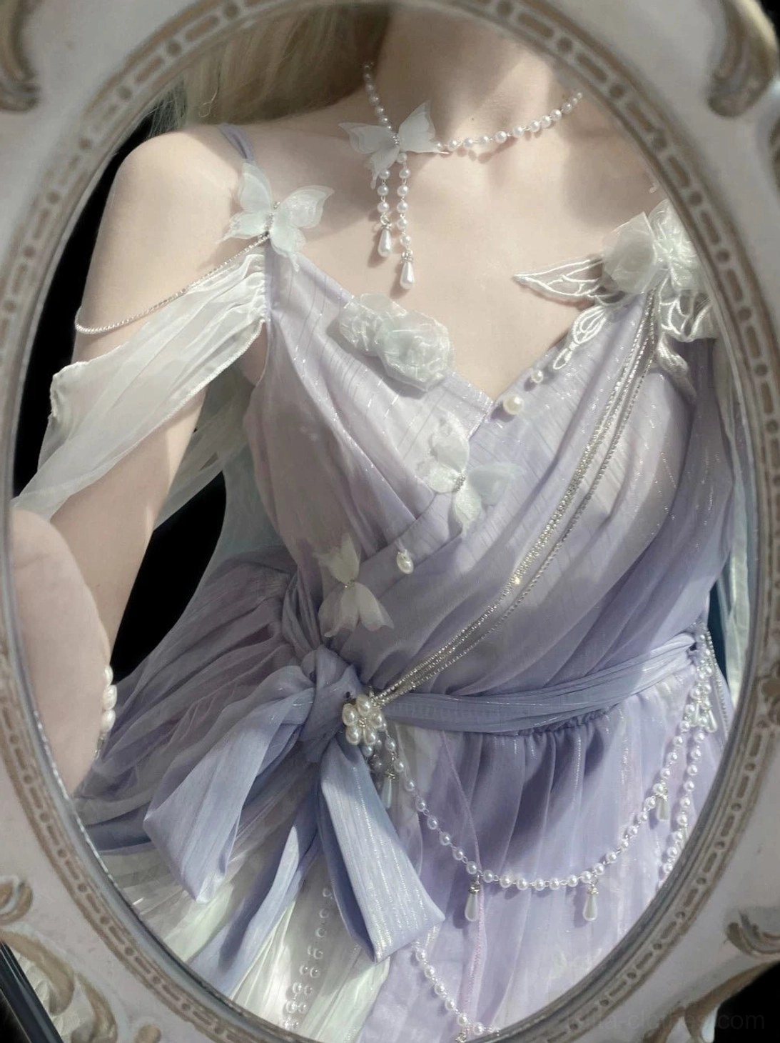 Purple Han Lolita JSK dress with included white shawl coordinate showing complete ensemble styling