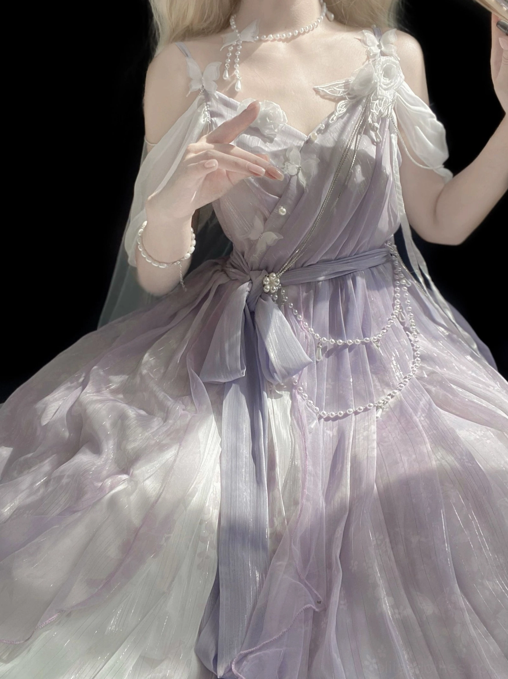 Purple gradient Han Lolita JSK dress fabric texture showing subtle shimmer and chiffon quality
