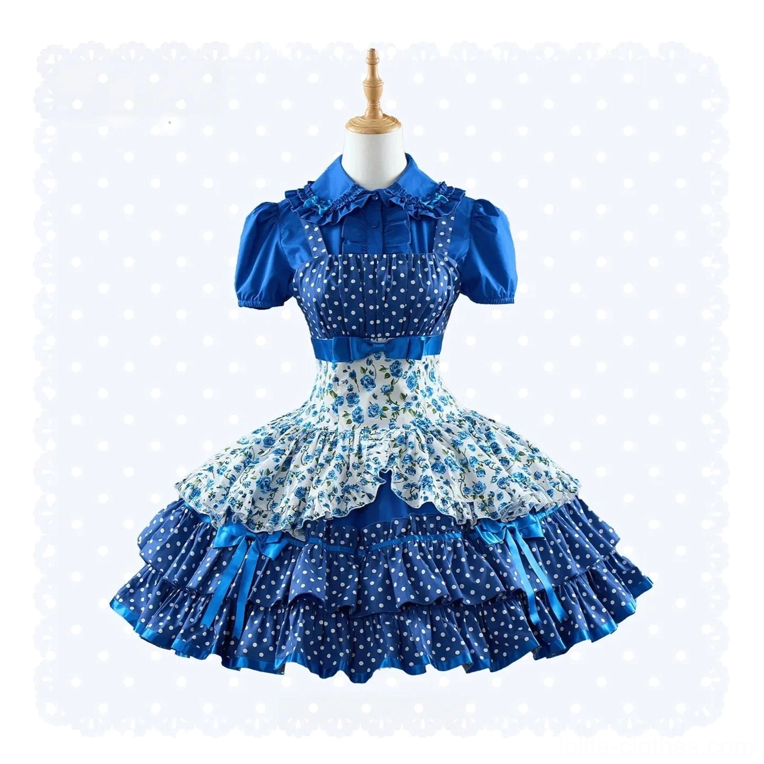 Purple polka dot and floral old school Lolita JSK dress long version showing extended hem length compared to short version, full-body silhouette with elegant layered ruffled skirt design