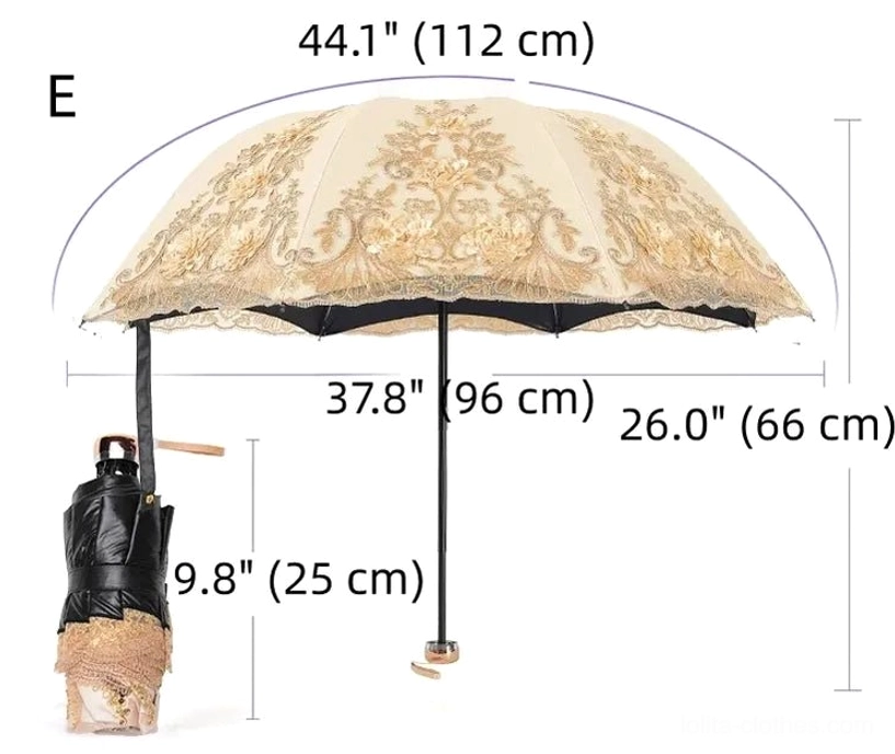 Purple foldable lolita parasol featuring ruffled lace trim and elegant metalwork, displayed from overhead view showcasing full canopy design