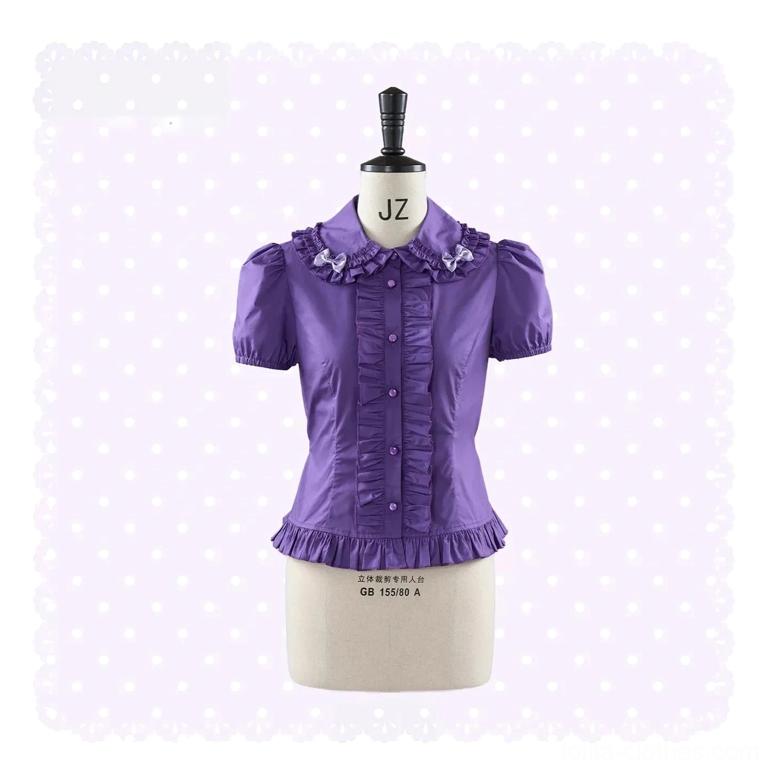 Purple polka dot and floral old school Lolita JSK Peter Pan collar blouse worn independently as blouse-only option, front view showing coordination possibilities and standalone styling versatility