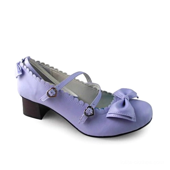 Purple matte lolita heels with charming crossover heart-shaped buckle straps, scalloped collar details, and comfortable 4.5cm block heel for versatile wear
