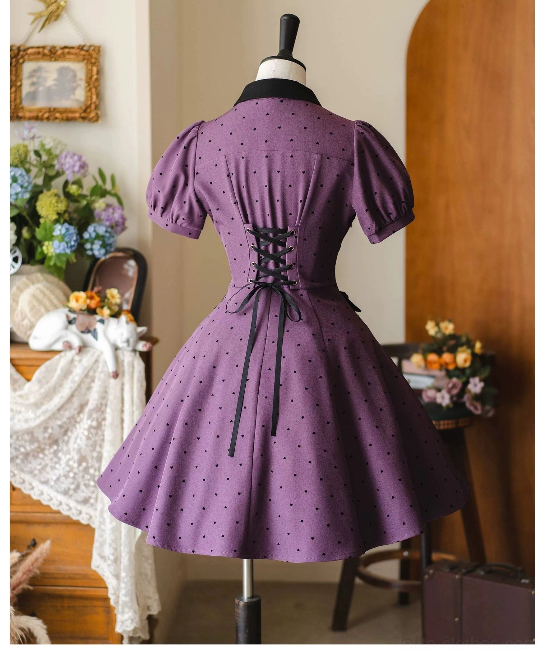 Purple polka-dot lolita OP dress back view rear full perspective mannequin lace-up corset back design all-over flocked dots a-line midi skirt