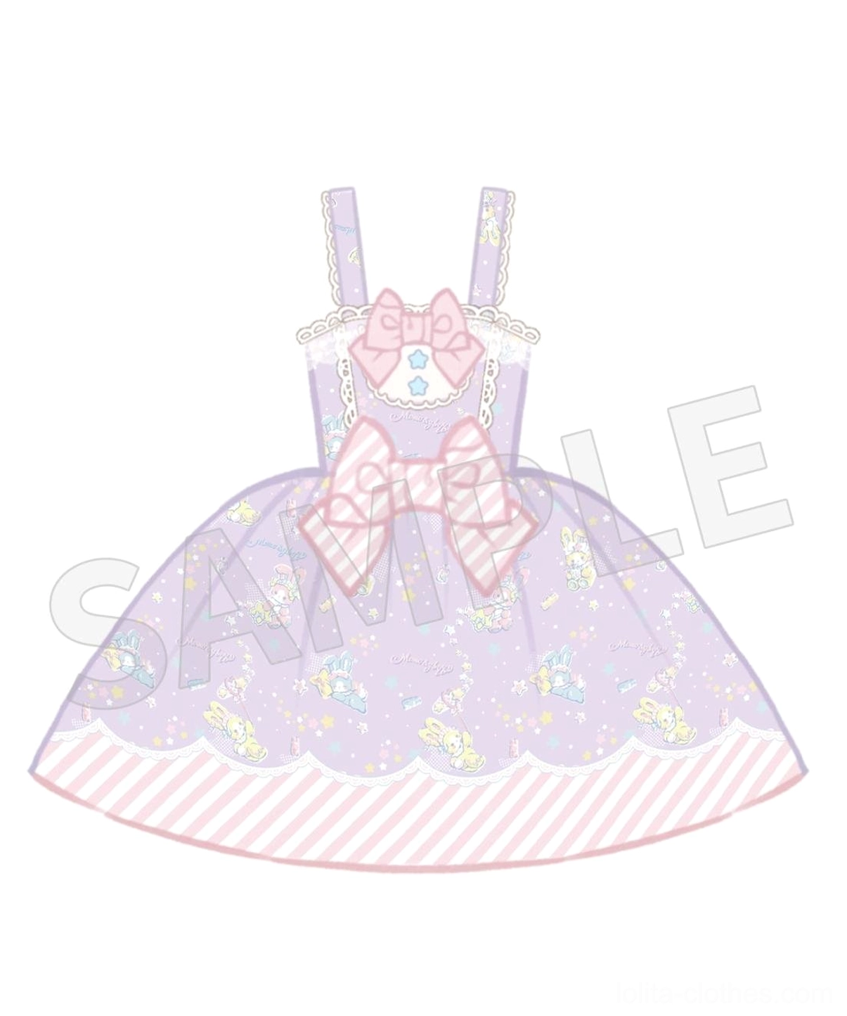 Purple variant of sweet Lolita jumper skirt with matching apron displayed on model showing purple colorway, full ensemble look