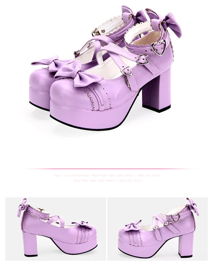 Purple sweet lolita platform heels shoes cross ankle straps with heart buckles ruffled lace trim side view
