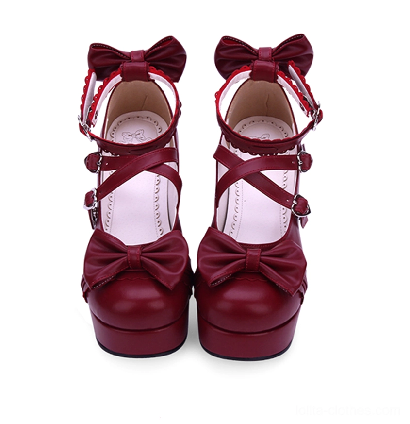 Purple sweet lolita platform high heels shoes regal color bow front vamp cross ankle straps block heel