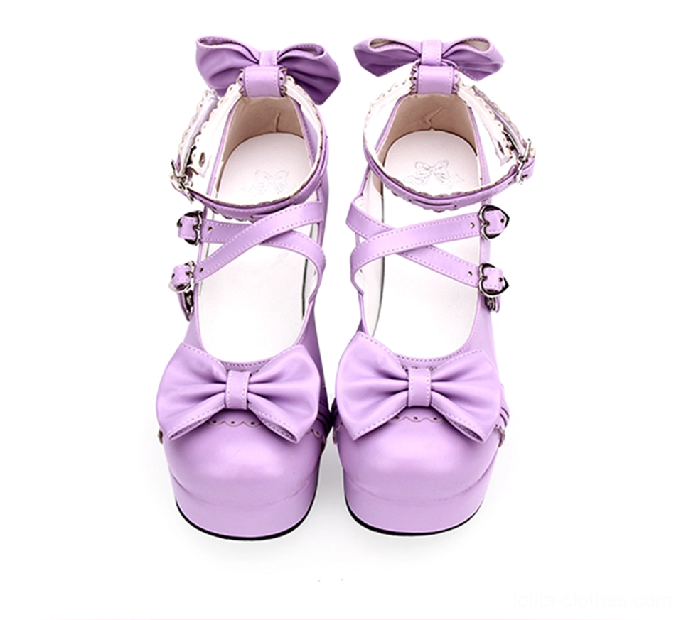 Purple sweet lolita platform high heels shoes front vamp bow decoration cross ankle straps buckles frontal