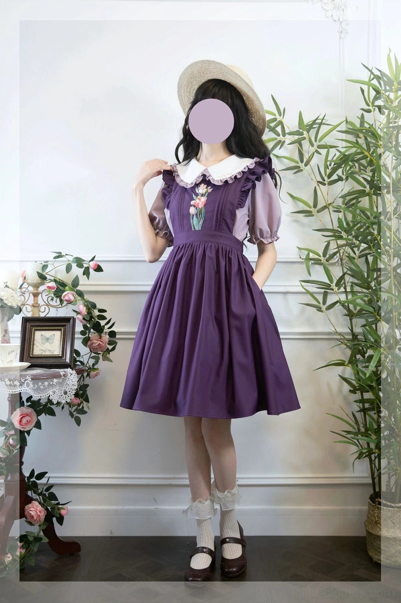Purple tulip embroidery classic lolita salopette dress blouse set full-body front view with puff sleeves vintage studio