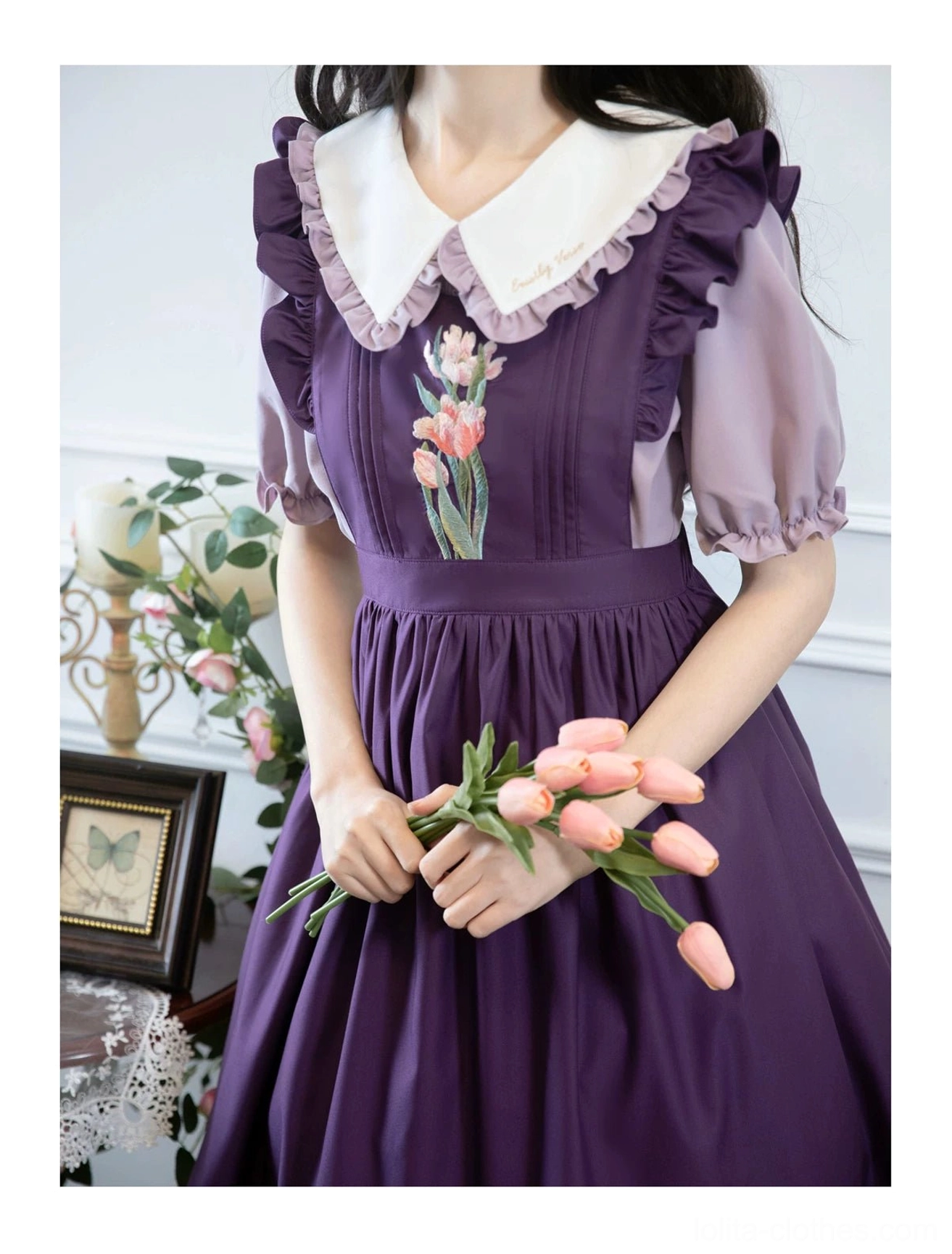 Purple tulip embroidery lolita salopette dress half-body close-up purple-trimmed ruffled collar puff sleeves