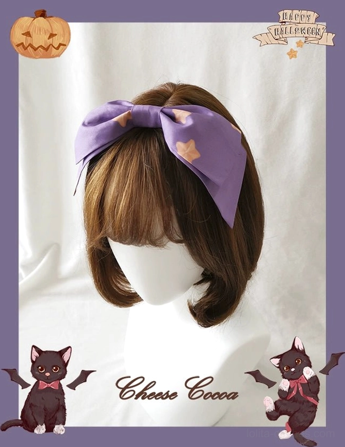 Light purple vampire cat Halloween lolita KC hair bow headband with star embellishments and pumpkin decorative borders on mannequin wearing brown bob wig