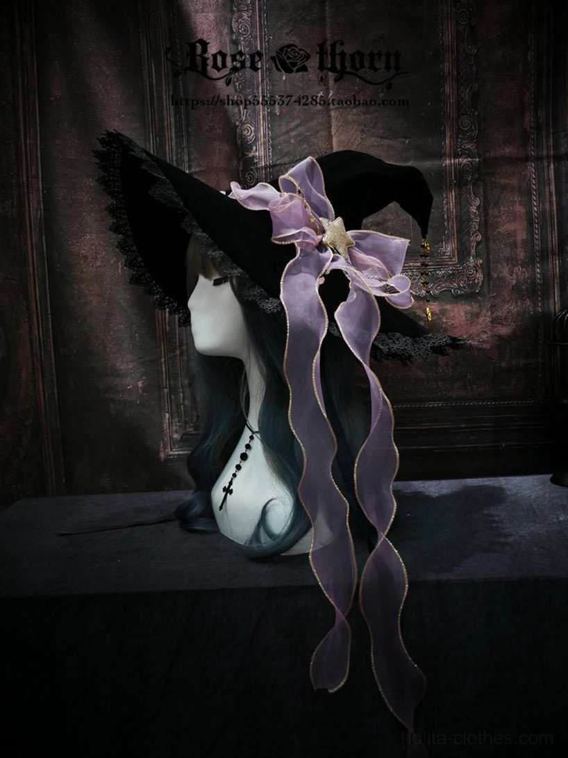 Purple velvet lolita witch hat with bow ribbon, mystical magical girl aesthetic for alternative gothic lolita styling