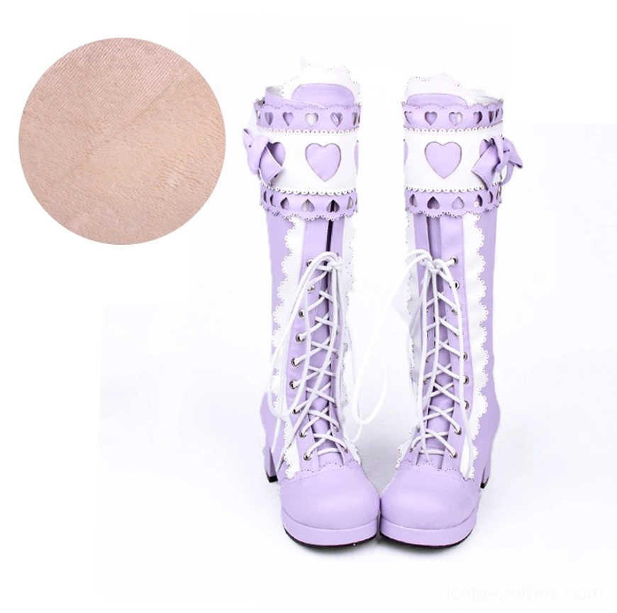Purple and white sweet lolita mid-calf thick heel boots with velvet details front display showing romantic princess aesthetic design