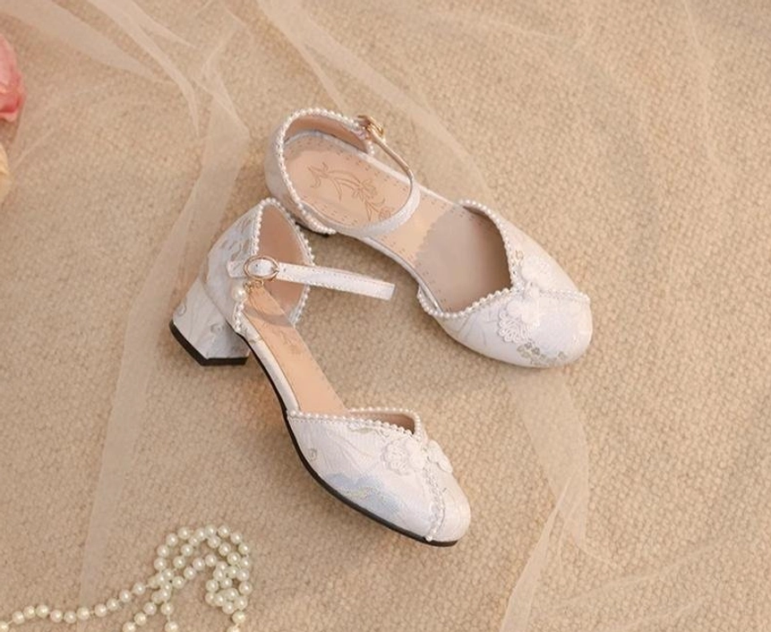 Qi Lolita blue Mary Jane chunky heel shoes multiple angle view pearl embellishments secure fit