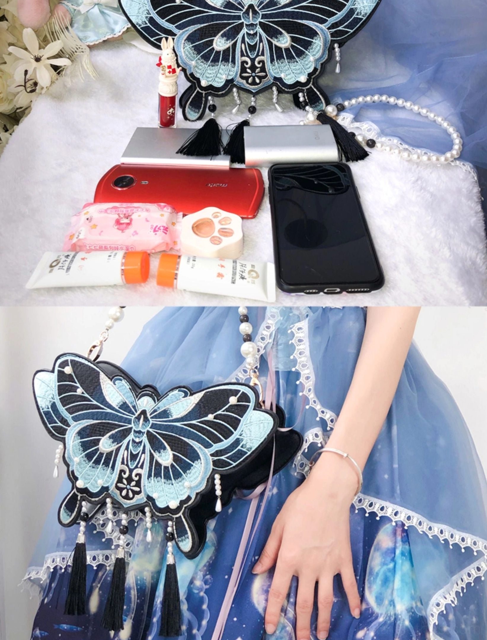 Chinese Qi Lolita butterfly handbag featuring complete design details wings tassels and pearl decorations artistic composition