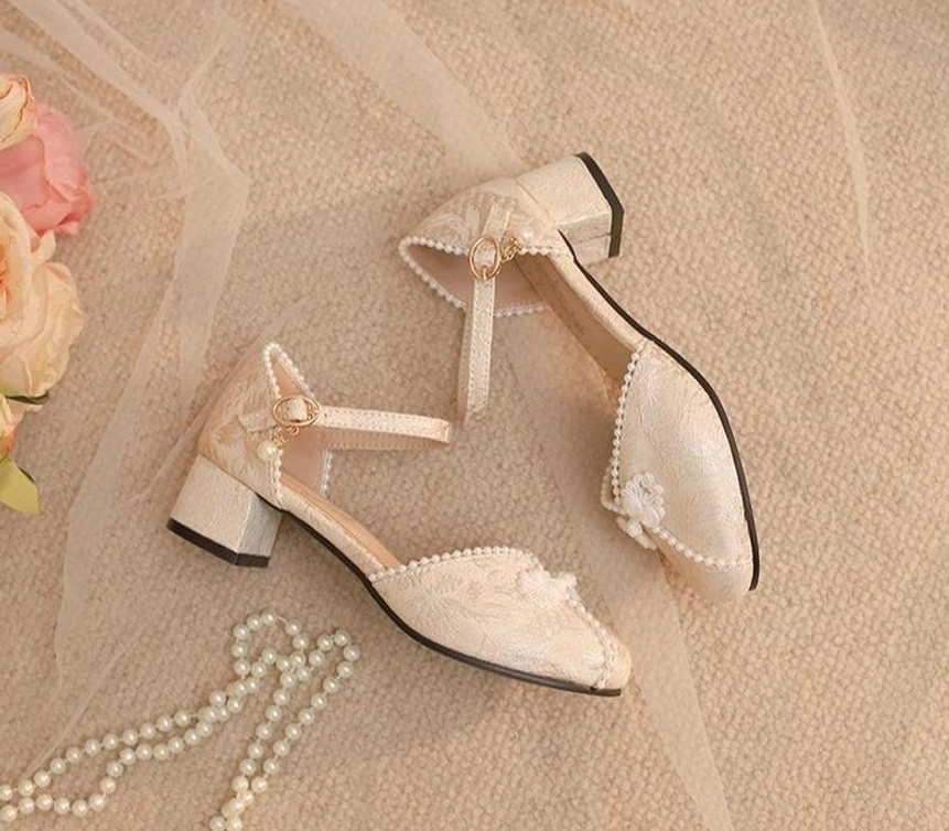 Qi Lolita Mary Jane blue shoes chunky heel side profile elegant silhouette pearl embellishments