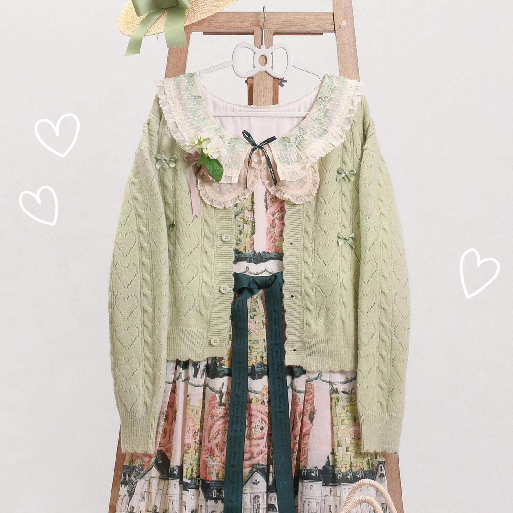 Qingti green hollow out Lolita cardigan fresh spring-summer color option, pastel-inspired tone