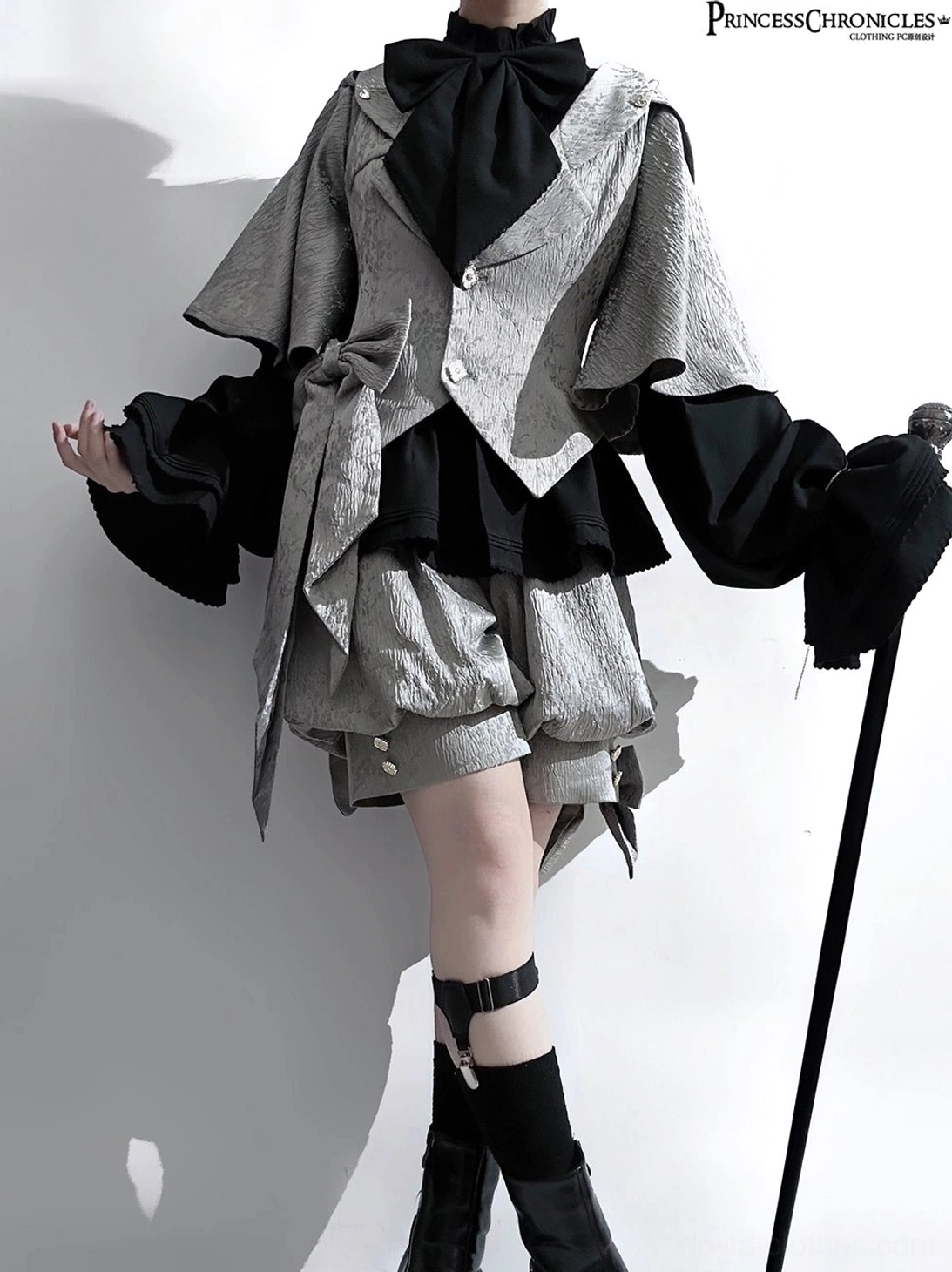 Rabbit ear bunny hood detachable design glacier grey ouji lolita coat close-up showing construction and ear placement