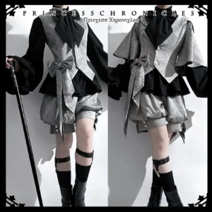 Rabbit ear glacier grey ouji lolita coat outfit front view double model display with black bow tie swallowtail hem and bunny ear hood details