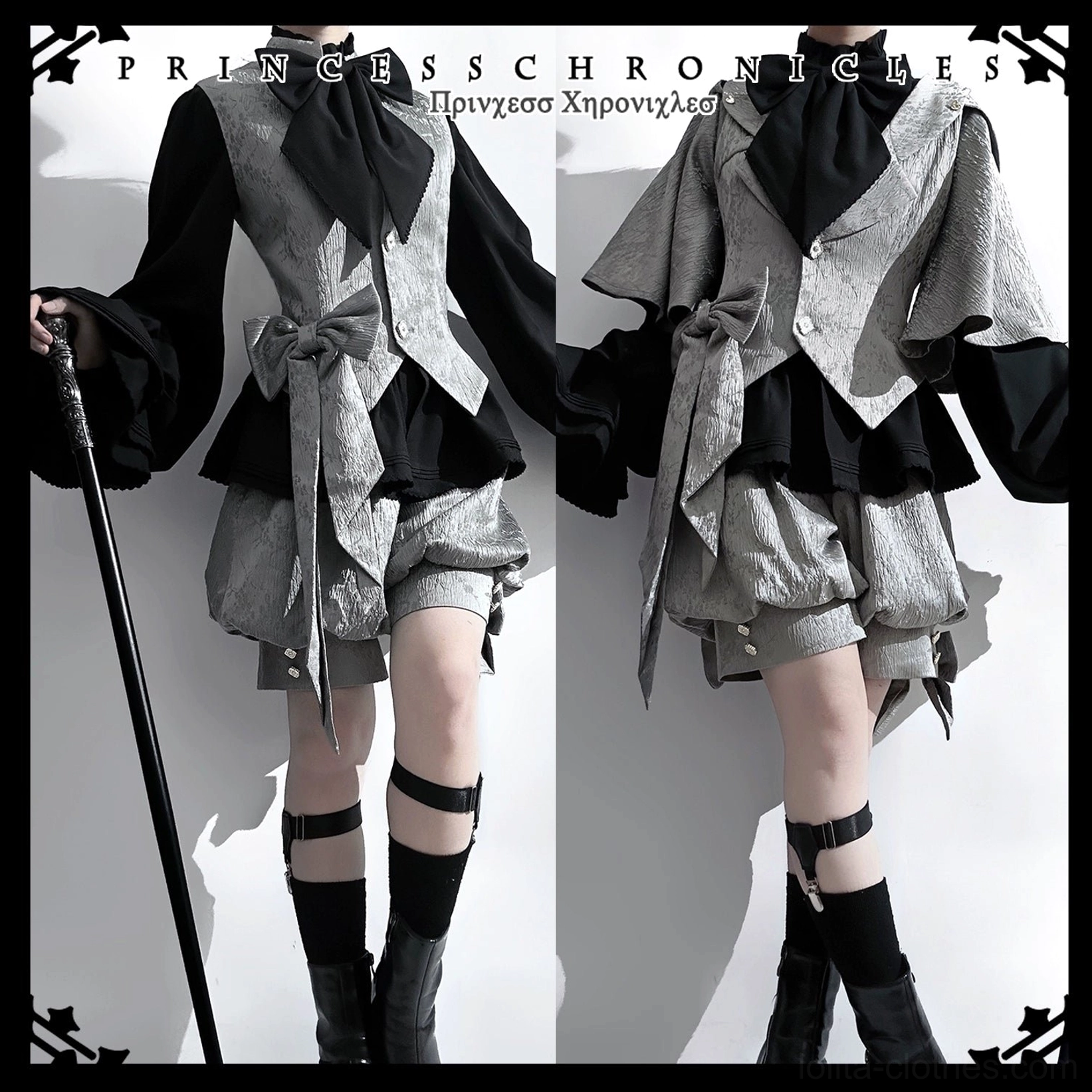 Rabbit ear glacier grey ouji lolita coat outfit front view double model display with black bow tie swallowtail hem and bunny ear hood details