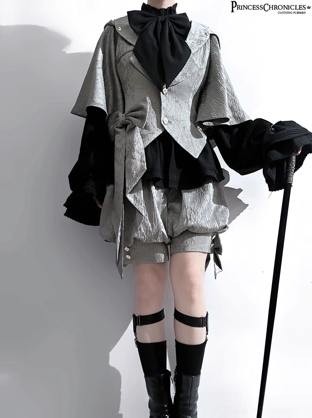 Rabbit ear grey ouji lolita full front neutral pose jacquard fabric black bow tie cropped buttoned shorts