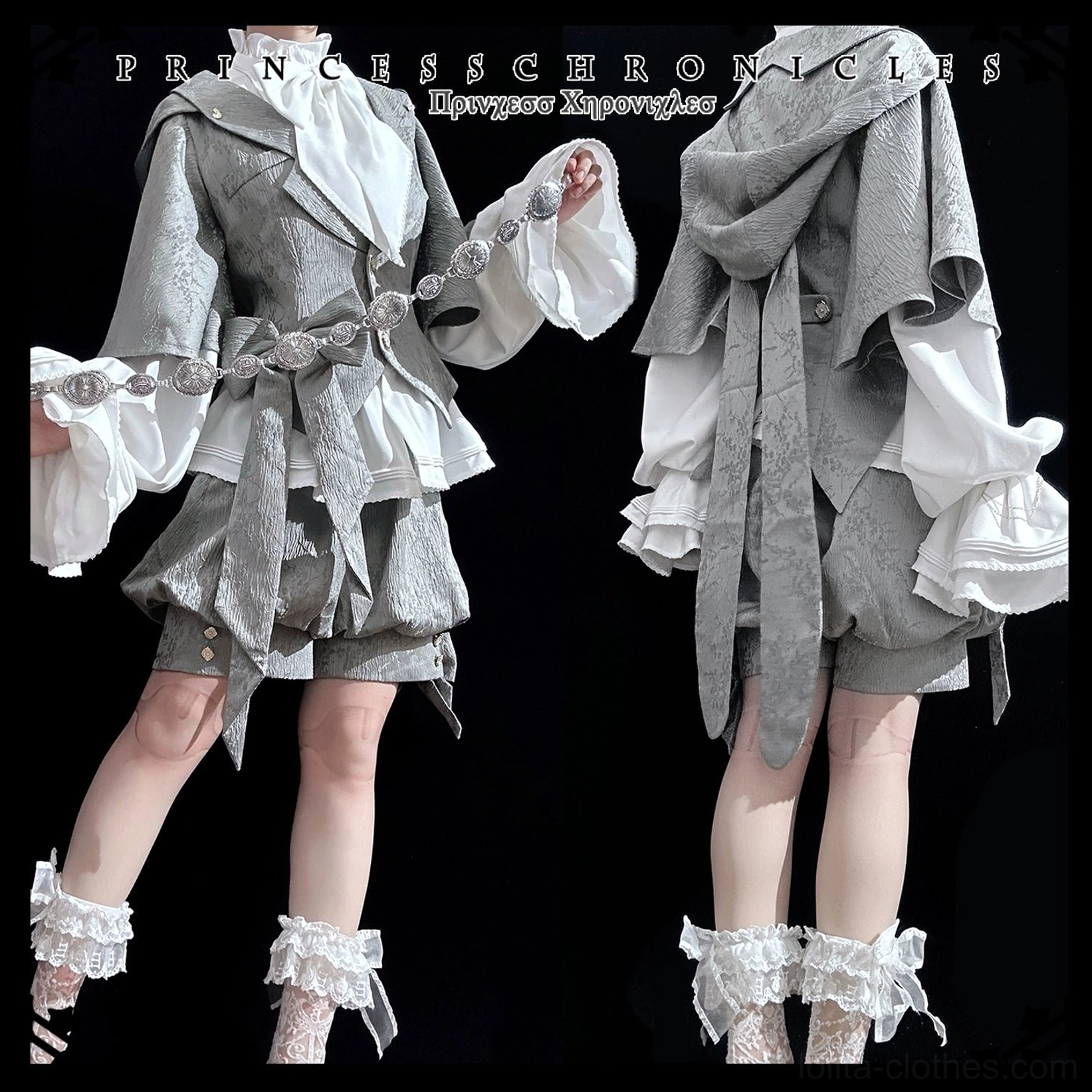 Two styling versions of rabbit ear ouji lolita coordinate black and white blouse draped coat look with lace leg cuffs